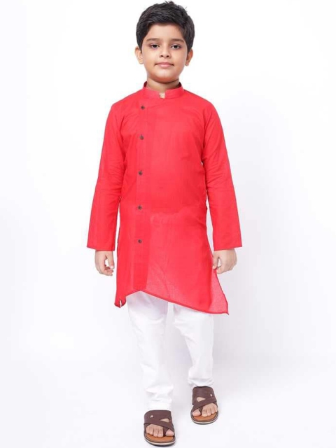 

NAMASKAR Boys Red Angrakha Pure Cotton Kurta with Pyjamas
