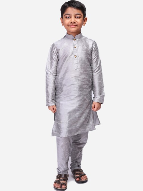 

NAMASKAR Boys Silver-Toned Dupion Silk Kurta with Churidar