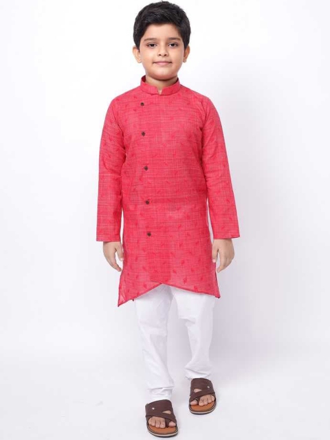 

NAMASKAR Boys Red & White Angrakha Pure Cotton Kurta with Pyjamas