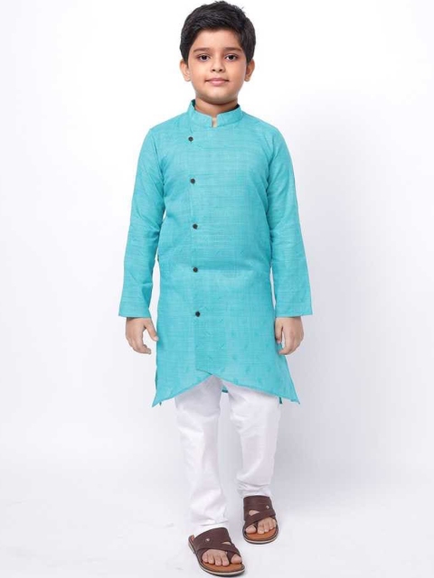 

NAMASKAR Boys Blue Angrakha Pure Cotton Kurta with Pyjamas