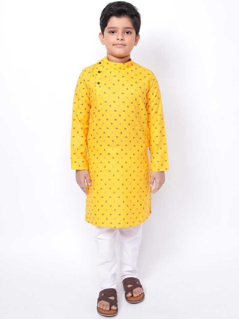 

NAMASKAR Boys Yellow Floral Printed Angrakha Pure Cotton Kurta with Churidar