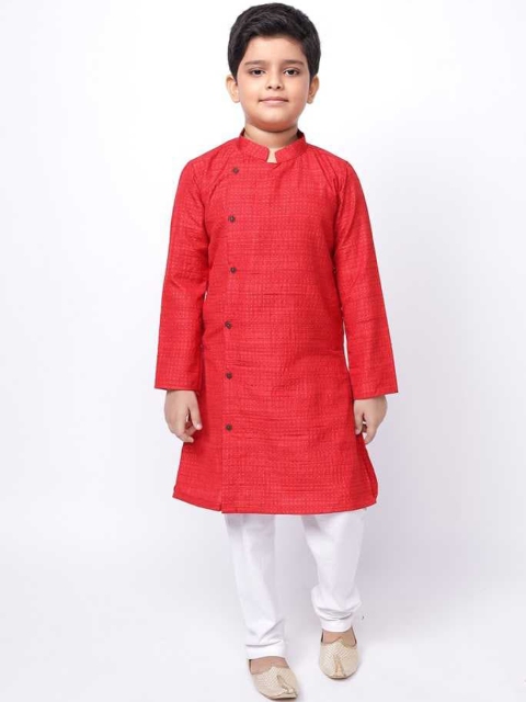 

NAMASKAR Boys Red Angrakha Pure Cotton Kurta with Pyjamas
