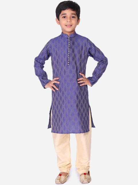 

NAMASKAR Boys Blue Embroidered Linen Kurta with Churidar