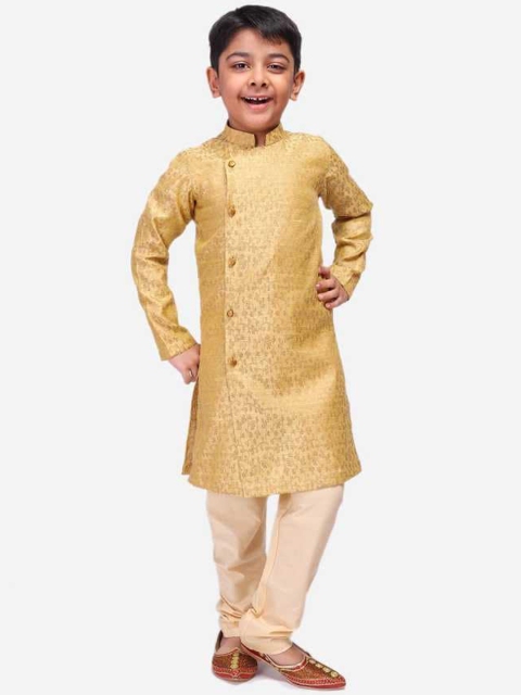 

NAMASKAR Boys Gold-Toned Floral Angrakha Kurta with Churidar
