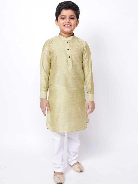 

NAMASKAR Boys Yellow & White Solid Kurta with Churidar