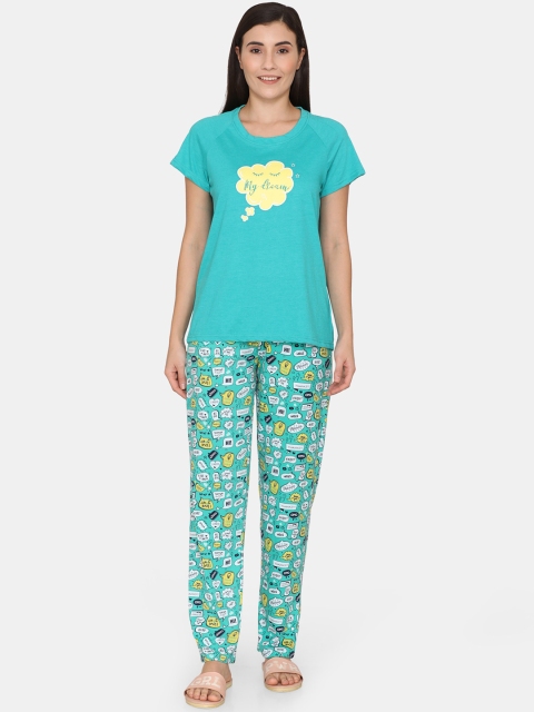 

Rosaline by Zivame Women Turquoise Blue & Yellow Pure Cotton Night suit