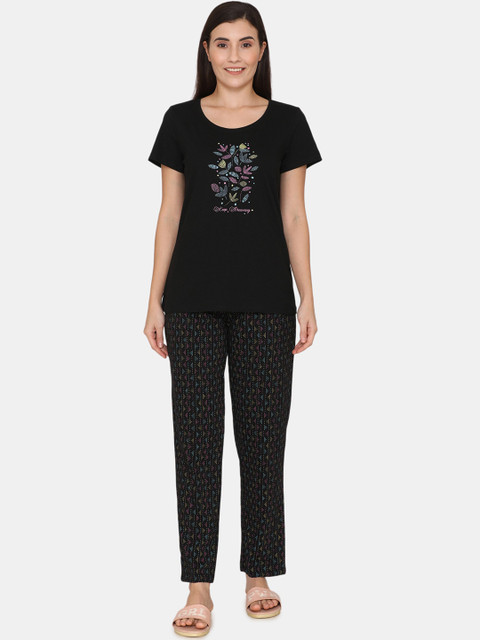 

Rosaline by Zivame Women Black & Blue Printed Night suit