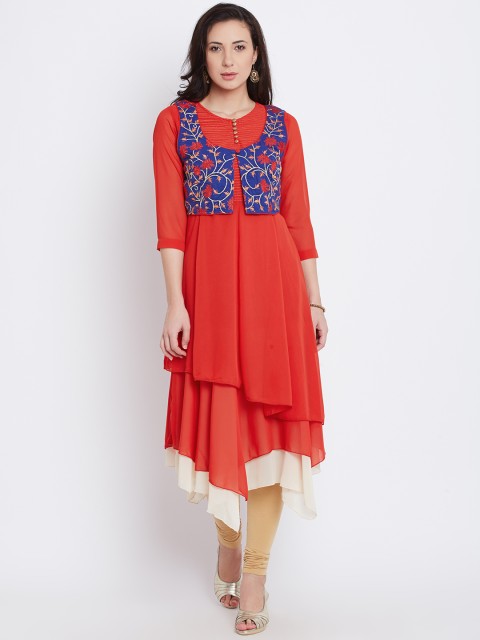 

Rain & Rainbow Women Red Solid Layered Anarkali Kurta with Ethnic Jacket