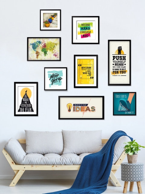 

WALLMANTRA Mulitcoloured Set of 9 World Map & Quotes Wall Frames, Multi