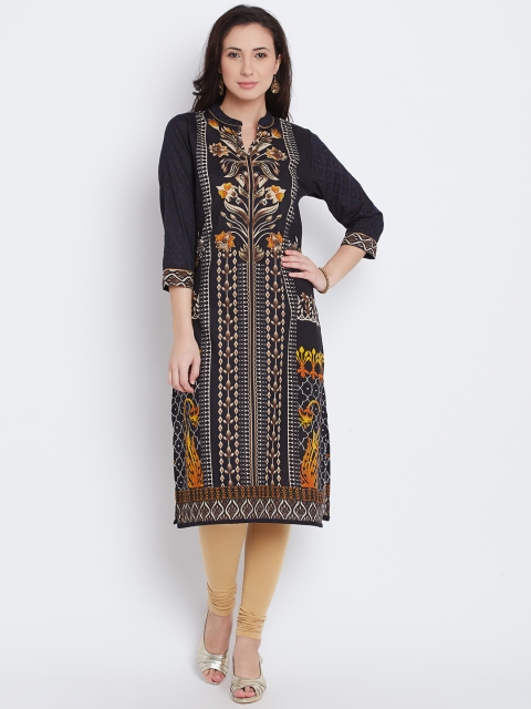 

Rain & Rainbow Women Black Printed Straight Kurta
