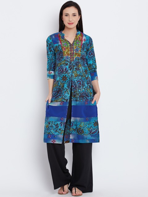 

Rain & Rainbow Women Blue Printed Straight Kurta