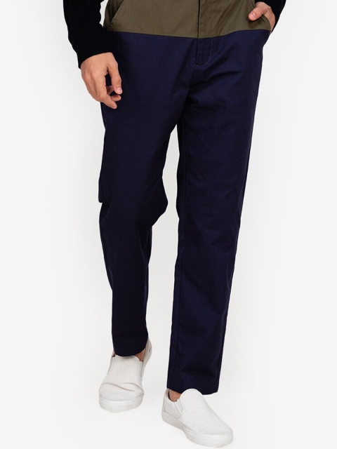 

ZALORA BASICS Men Navy Blue & Olive Green Colourblocked Printed Classic Easy Wash Trousers