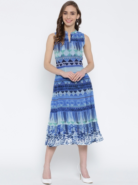 

Rain & Rainbow Women Blue Printed Midi Dress