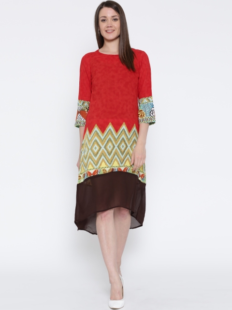 

Rain & Rainbow Women Red Printed A-line Midi Dress