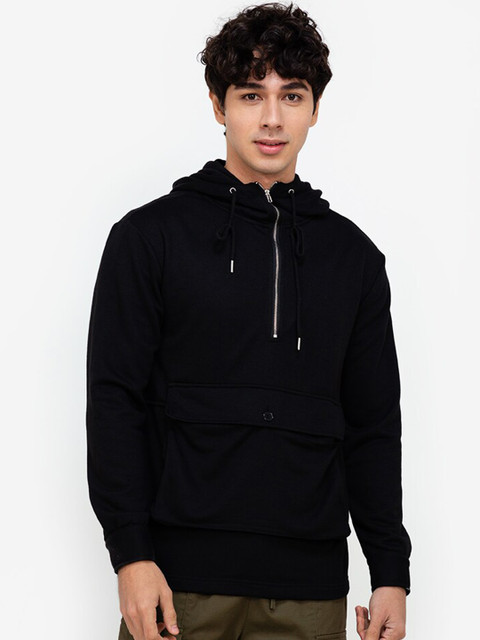 

ZALORA BASICS Men Black Half Zip Drawstring Hooded Sweatshirt