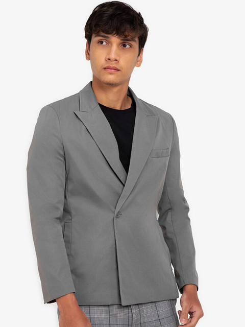 

ZALORA BASICS Men Grey Solid Single-Breasted Blazer