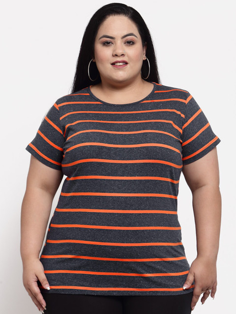 

plusS Women Plus Size Black & Mustard Yellow Striped Cotton T-shirt