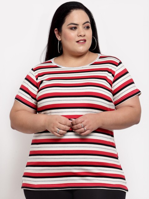 

plusS Women Red Striped Drop-Shoulder Sleeves Pockets T-shirt
