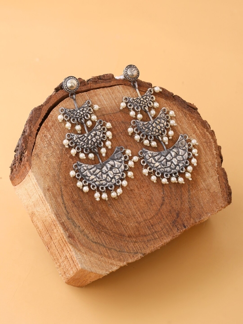 

VIRAASI Silver-Toned Oxidised Contemporary Drop Earrings