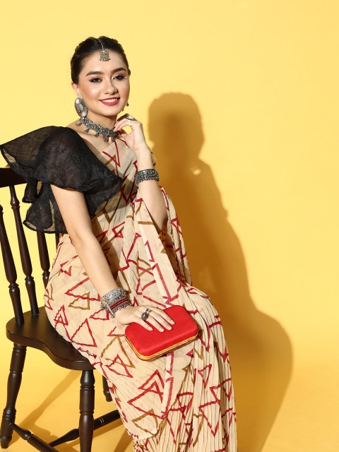

Tikhi Imli Geometric Poly Georgette Saree Border, Beige
