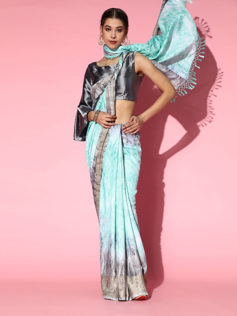 

Tikhi Imli Tie and Dye Polyester Saree with Printed Border, Blue