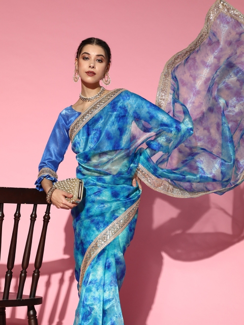 

Tikhi Imli Tie and Dye Organza Saree with Embellished Border, Blue