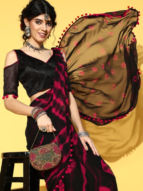

Tikhi Imli Tie and Dye Poly Georgette Saree with Embellished Border, Black