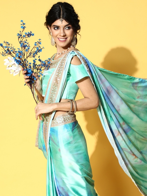 

Tikhi Imli Tie and Dye Poly Crepe Saree with Embroidered Border, Sea green