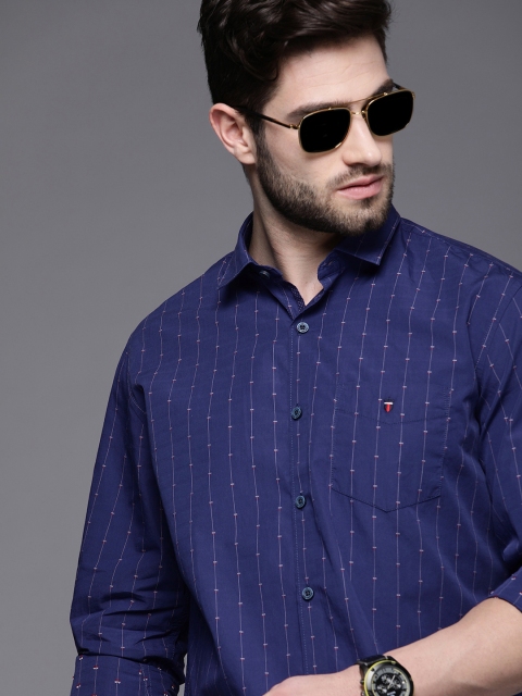 

Louis Philippe Sport Men Navy Blue & White Slim Fit Striped Pure Cotton Casual Shirt