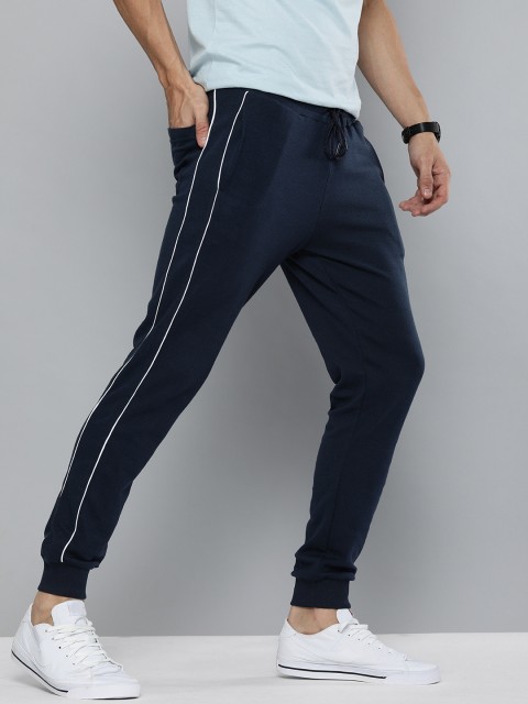 

Mast & Harbour Men Navy Blue Slim Fit Mid Rise Joggers With Side Stripes