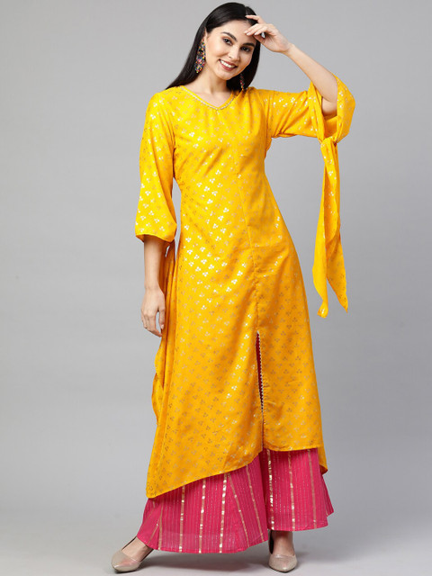 

FASHOR Women Yellow Printed Gotta Patti Kurta with Sharara