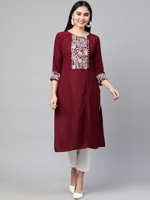 

FASHOR Women Maroon Embroidered Thread Work Pure Cotton Kurta with Trousers