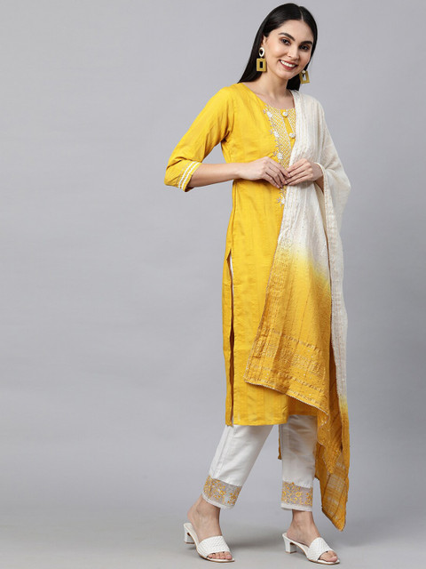 

FASHOR Women Yellow Embroidered Pure Cotton Kurti with Trousers