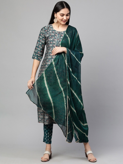 

FASHOR Women Teal Striped Angrakha Gotta Patti Kurta with Trousers & With Dupatta