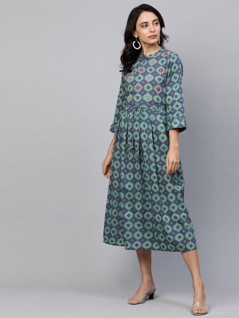 

FASHOR Blue Floral Ethnic A-Line Midi Dress