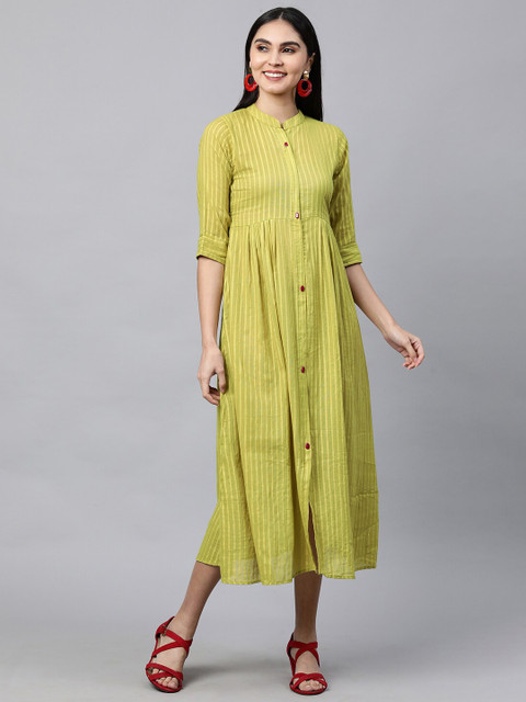 

FASHOR Green Embroidered Ethnic A-Line Midi Dress