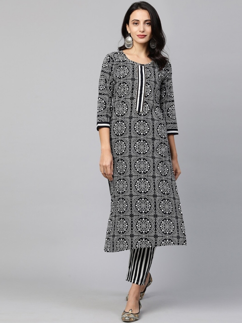 

FASHOR Women Black Striped Pure Cotton Kurta with Trousers