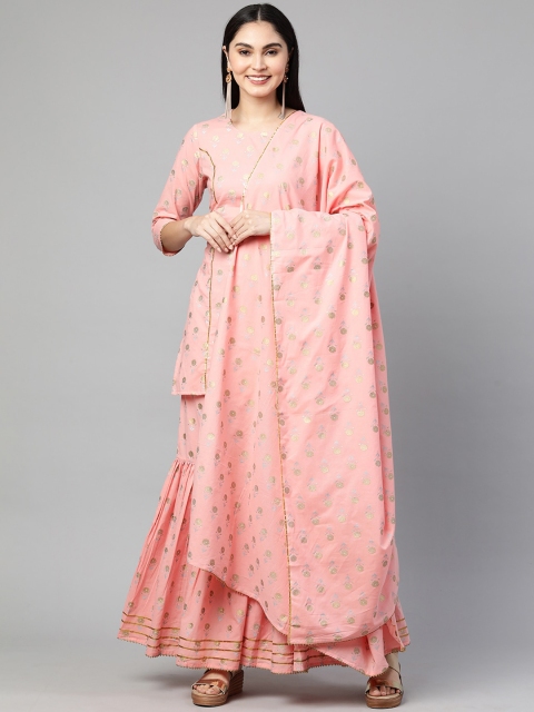

FASHOR Women Peach-Coloured Floral Angrakha Pure Cotton Kurta with Sharara & With Dupatta