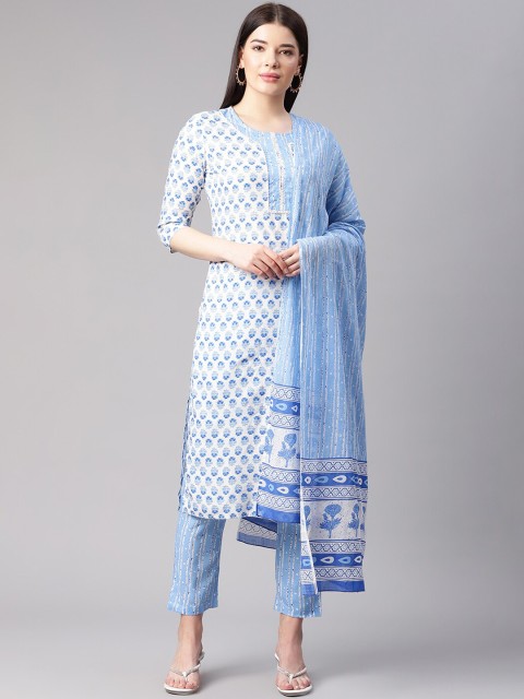 

Sringam Women White & Blue Printed Kurta With Trousers & Dupatta
