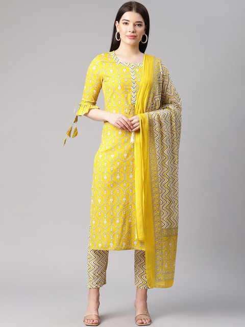 

Sringam Women Yellow Printed Pure Cotton Kurta With Trousers & Dupatta