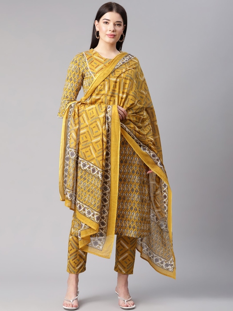 

Sringam Women Mustard Printed Pure Cotton Kurta with Trousers & Dupatta