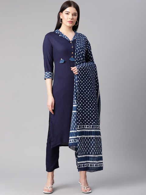 

Sringam Women Blue Embroidered Kurta With Trousers & Dupatta