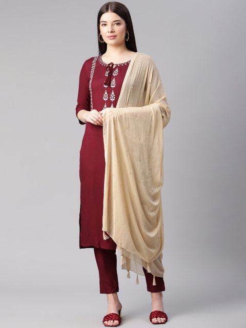 

Sringam Women Maroon Ethnic Motifs Yoke Design Kurta With Trousers & Dupatta