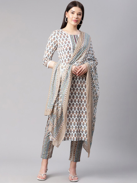 

Sringam Woman White Ethnic Motifs Yoke Design Pure Cotton Kurta with Trousers & Dupatta