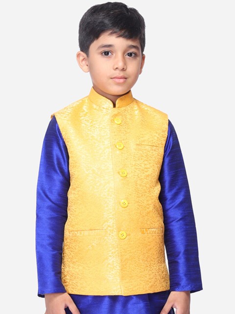

NAMASKAR Boys Yellow Woven Design Satin Nehru Jacket