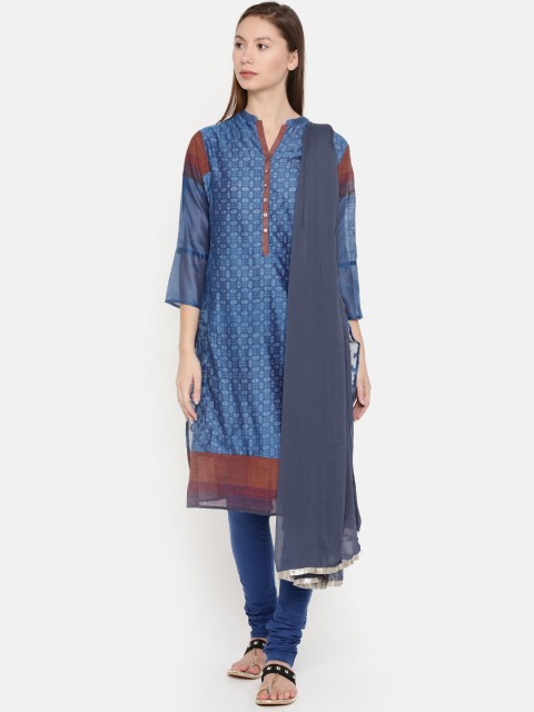 

Biba Blue Printed Churidar Kurta with Dupatta & Ethnic Jacket