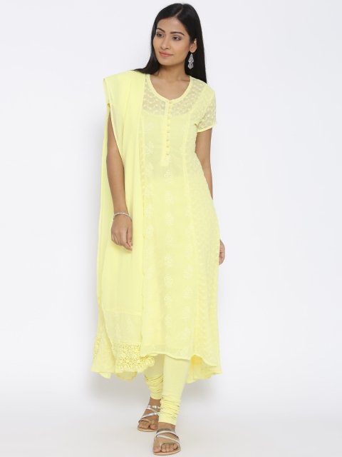 

Biba Women Yellow Embroidered Kurta with Churidar & Dupatta