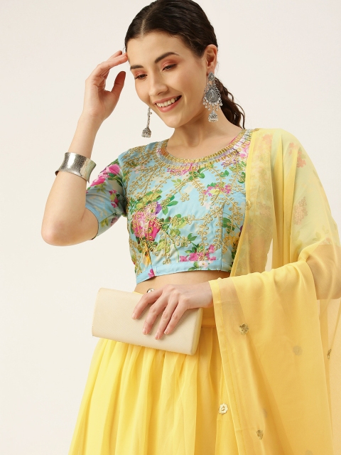 

Mameraa Yellow Printed Thread Work Semi-Stitched Lehenga & Unstitched Blouse With Dupatta