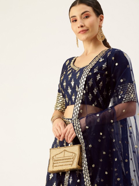 

Mameraa Navy Blue Embroidered Mirror Work Semi-Stitched Lehenga & Unstitched Blouse With Dupatta