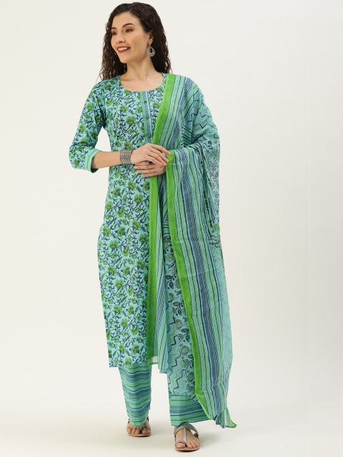 

Minora Women Sea Green Floral Printed Pure Cotton Kurta with Palazzos & With Dupatta